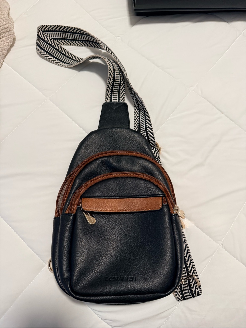 Black & Brown Crossbody Sling Bag with Patterned Strap